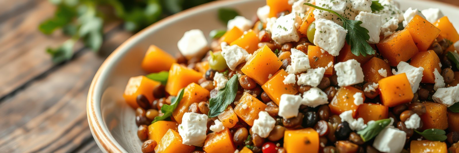 Healthy salad with butternut squash, lentils, and feta cheese topped with fresh herbs